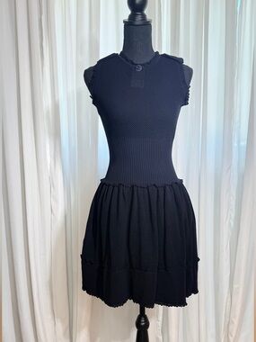 Chanel 2014 Black Knit Mini Dress - Ribbed Bodice - Ruffle Hem - Size XS